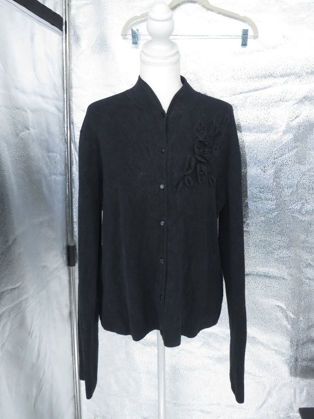 Sandra King Silk Blend Beaded Floral Cardigan Black Size Petite Large P L